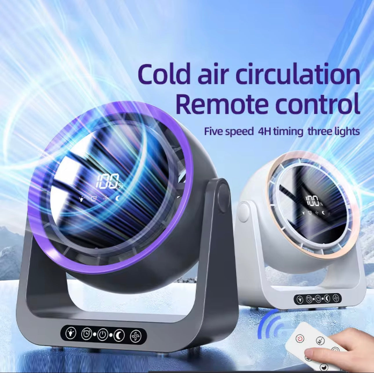 Two air circulation focusflowair fans gray and white  with remote control on a blue gradient background