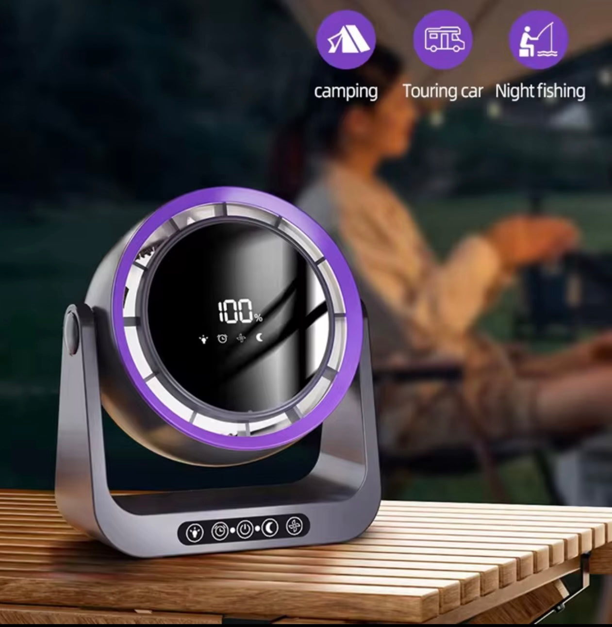 Image 1: "FocusFlow Air premium quiet desk fan in grey on wooden outdoor  desk