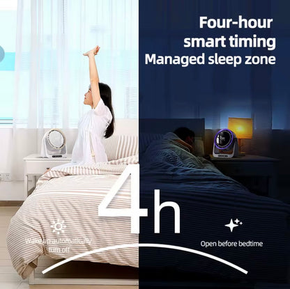 Advertisement showing a person waking up in the morning and sleeping at night with a four-hour smart timing quiet turbo fan focusflowair fan super quiet