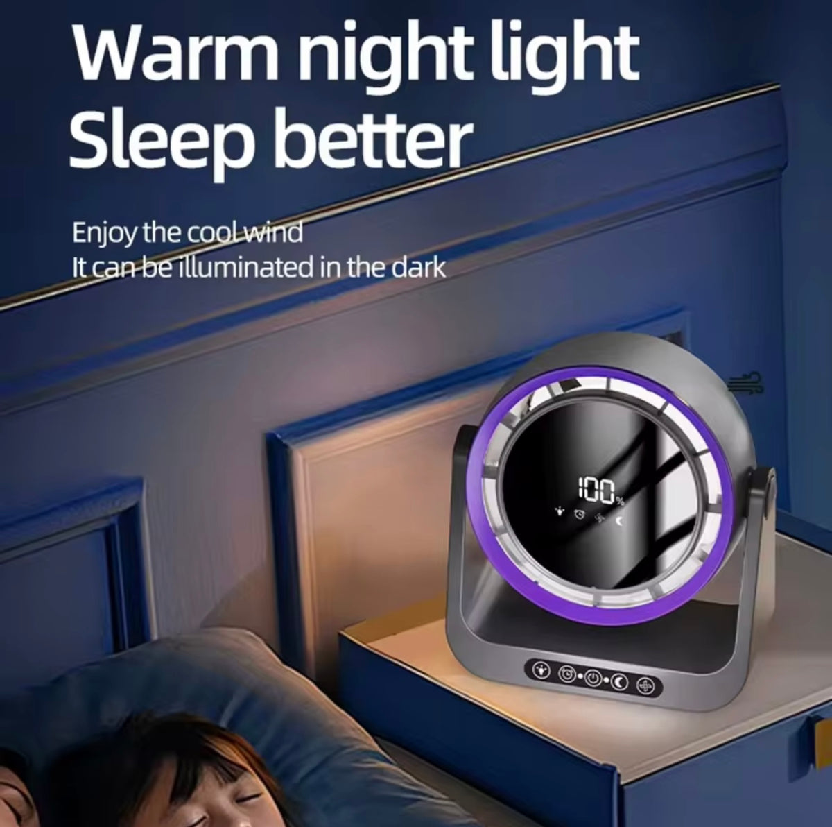 Sleep aid device Focusflowair fan with digital display on a nightstand next to a person sleeping, with battery life shown promoting a warm night light.
